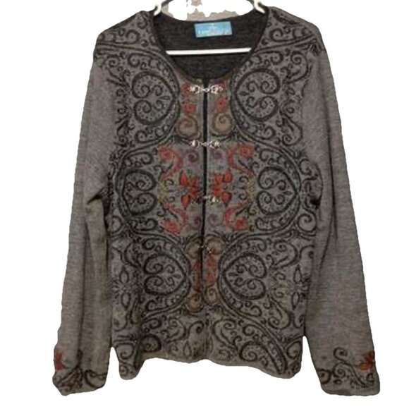 Grupo Esmeralda Vtg Grey 100% Baby Alpaca Wool Floral Embroidered Cardigan Lg - Picture 3 of 5
